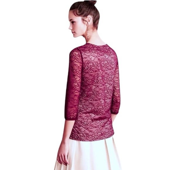 $148 Anthropologie Vintage Top Medium 6 8 Wine Lace Overlay 3/4 Sleeve Mixd Lace - Picture 9 of 16